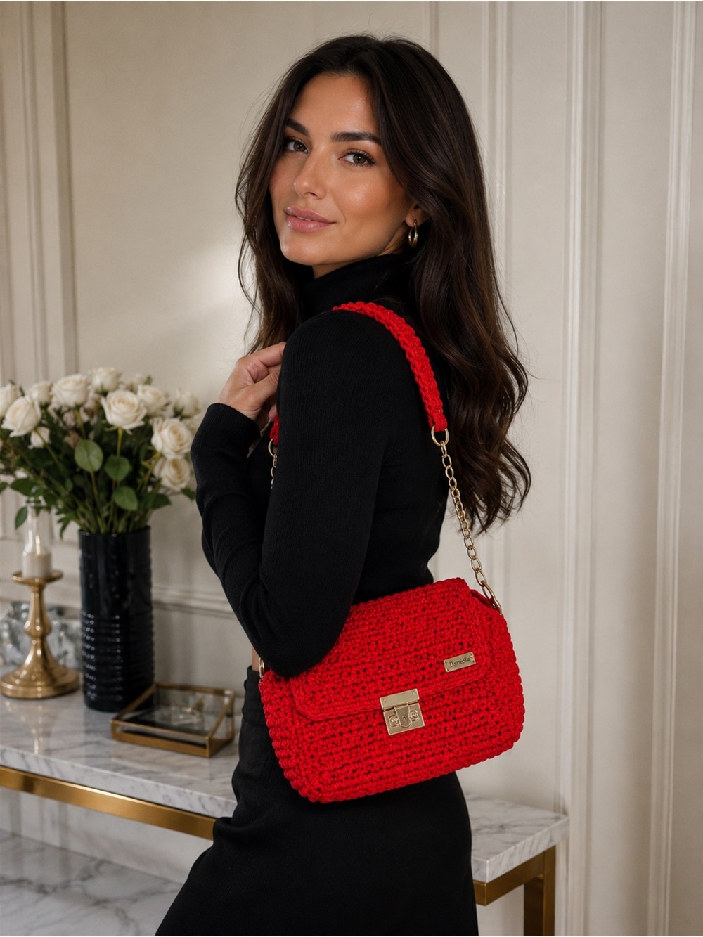 Daniella NY Red Crochet Handbag Gold Hardware Luxe Boutique Bag